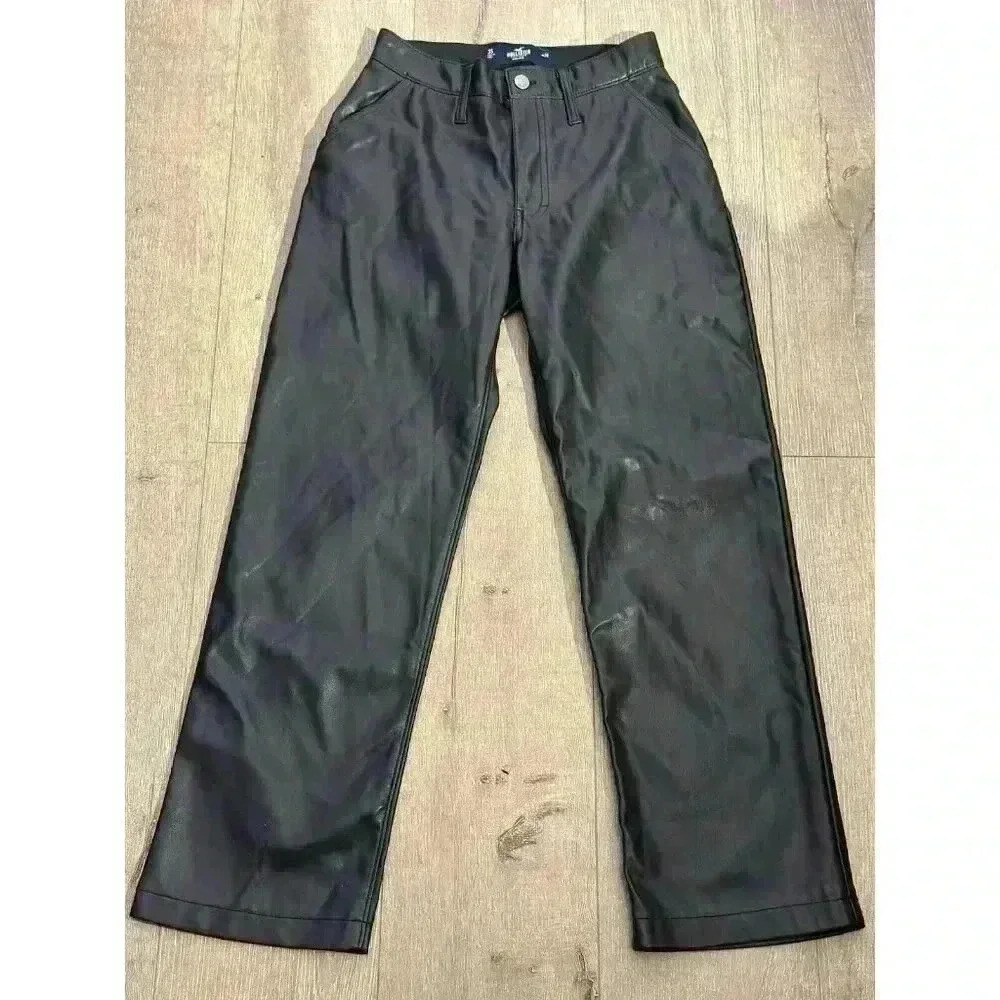 Hollister Black High Rise Vegan Leather Jeans Straight Leg Size 3S/26 Short‎